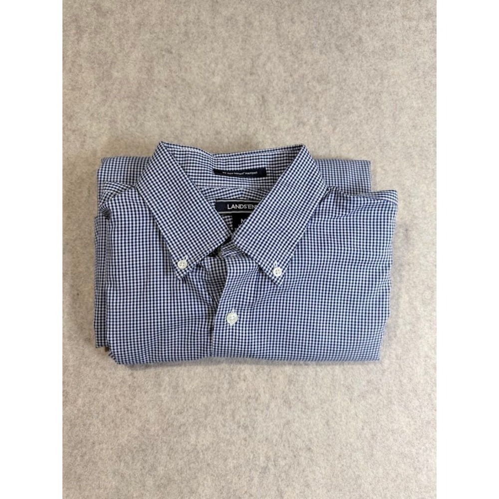 Lands' End Dress Shirt Mens M Blue Cotton Gingham No Iron Supima Classic Office